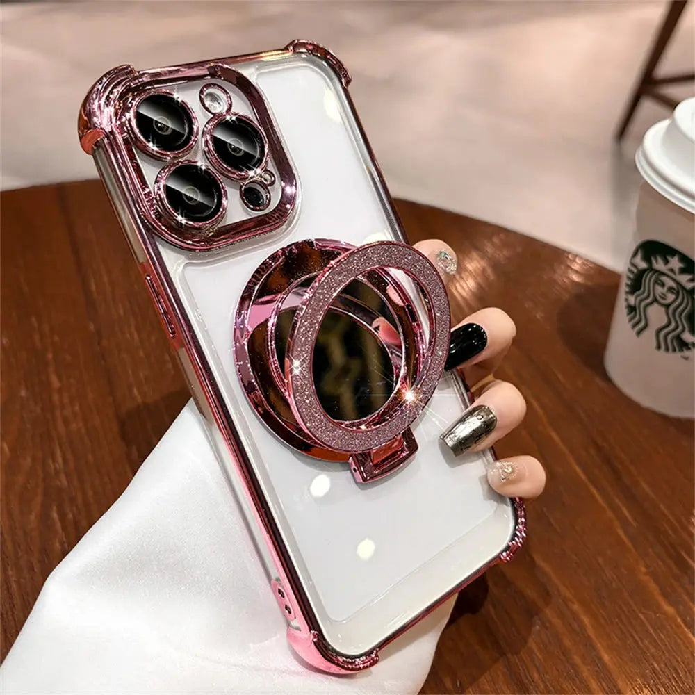 Luxury Glitter Makeup Mirror Case with MagSafe – Magnetic Stand & Plating Holder for iPhone 16/15/14/13/12/11 Pro Max & More NNOS