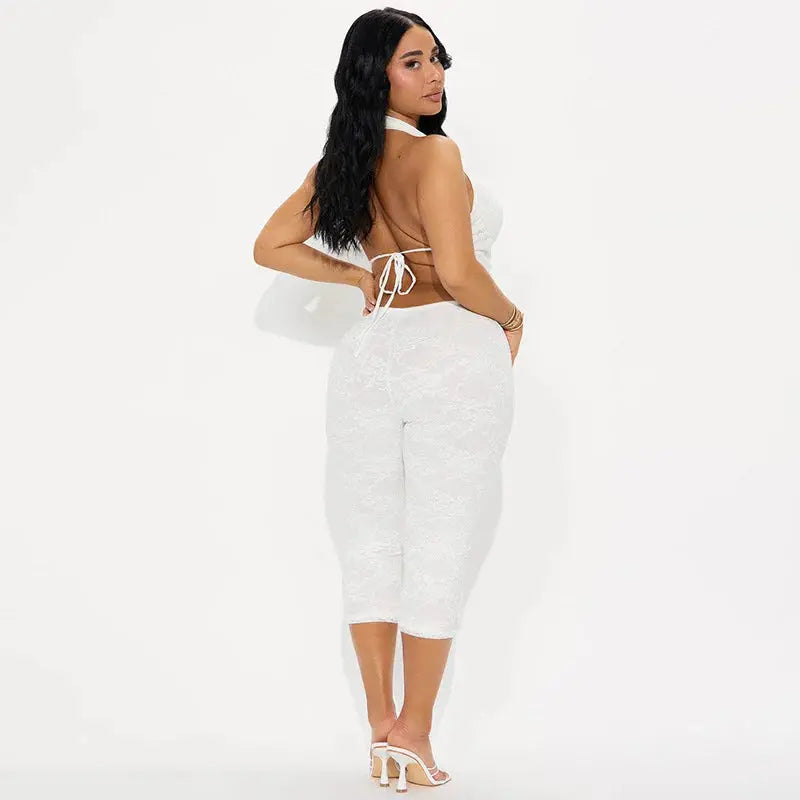 Joskaa 2025 Summer Lace Swing Collar Capri Pants Jumpsuits Women Sexy Halter Backless Bandage Skinny Rompers Midnight Clubwear NNOS