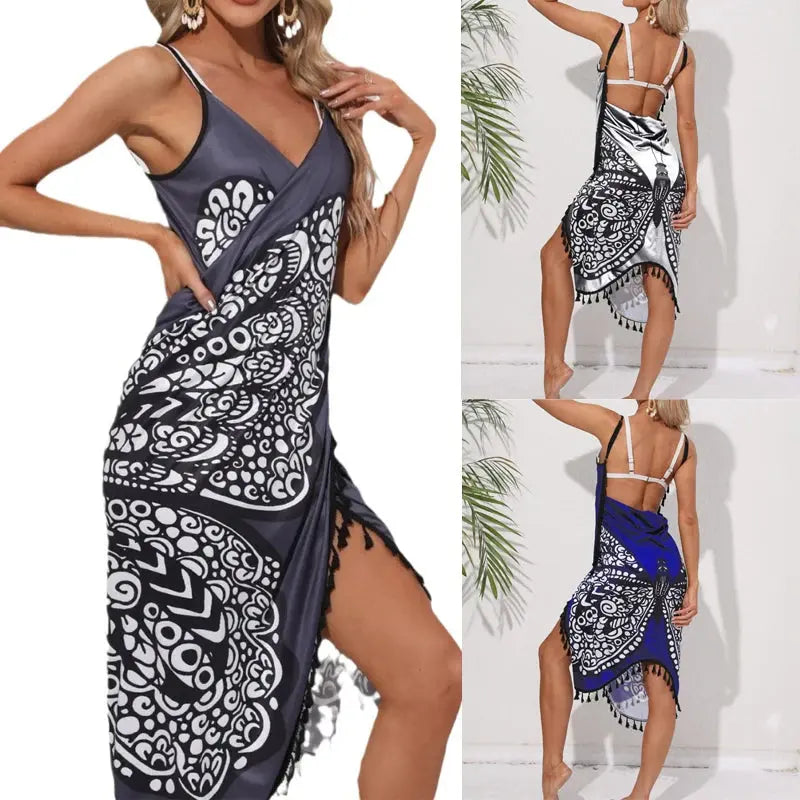 Women Bikini Sexy Butterfly Print Cover Up Swimwear Women Dress Summer Tunic Bath Sarong Wrap Skirt Swimsuit Elegant Beachwear NNOS