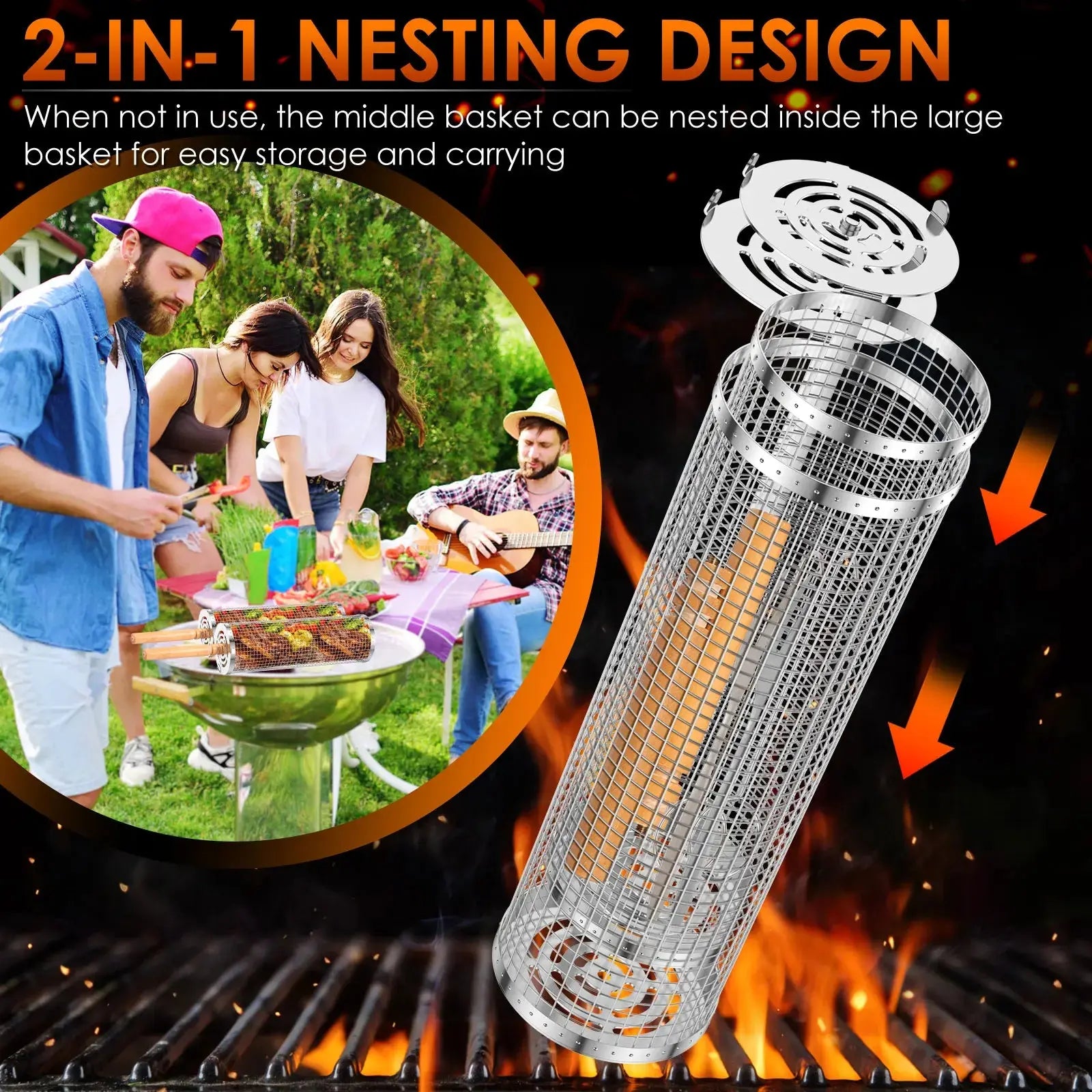Portable Grill Basket – Stainless Steel with Wood Handle for Effortless BBQing NNOS