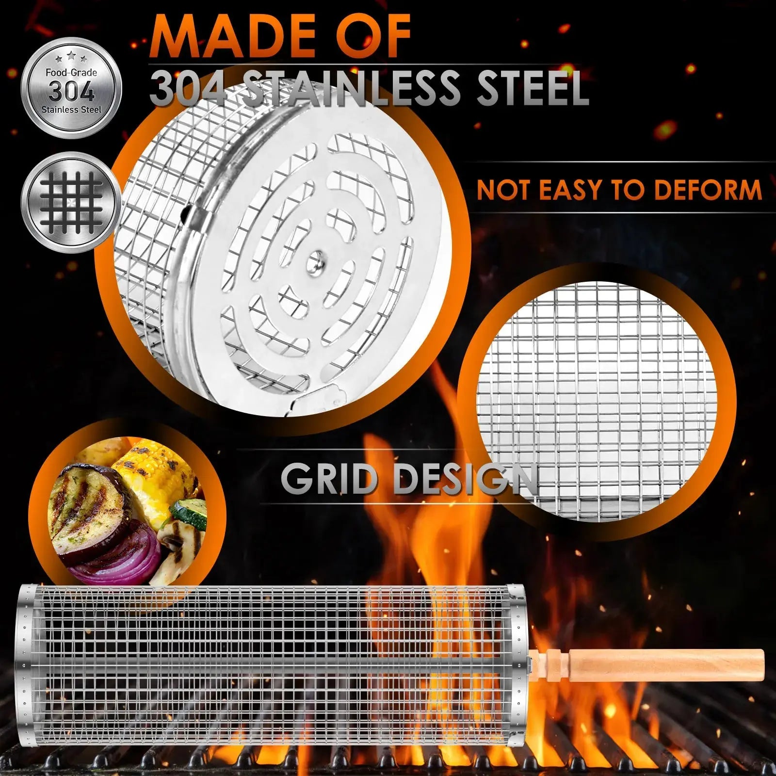 Portable Grill Basket – Stainless Steel with Wood Handle for Effortless BBQing NNOS