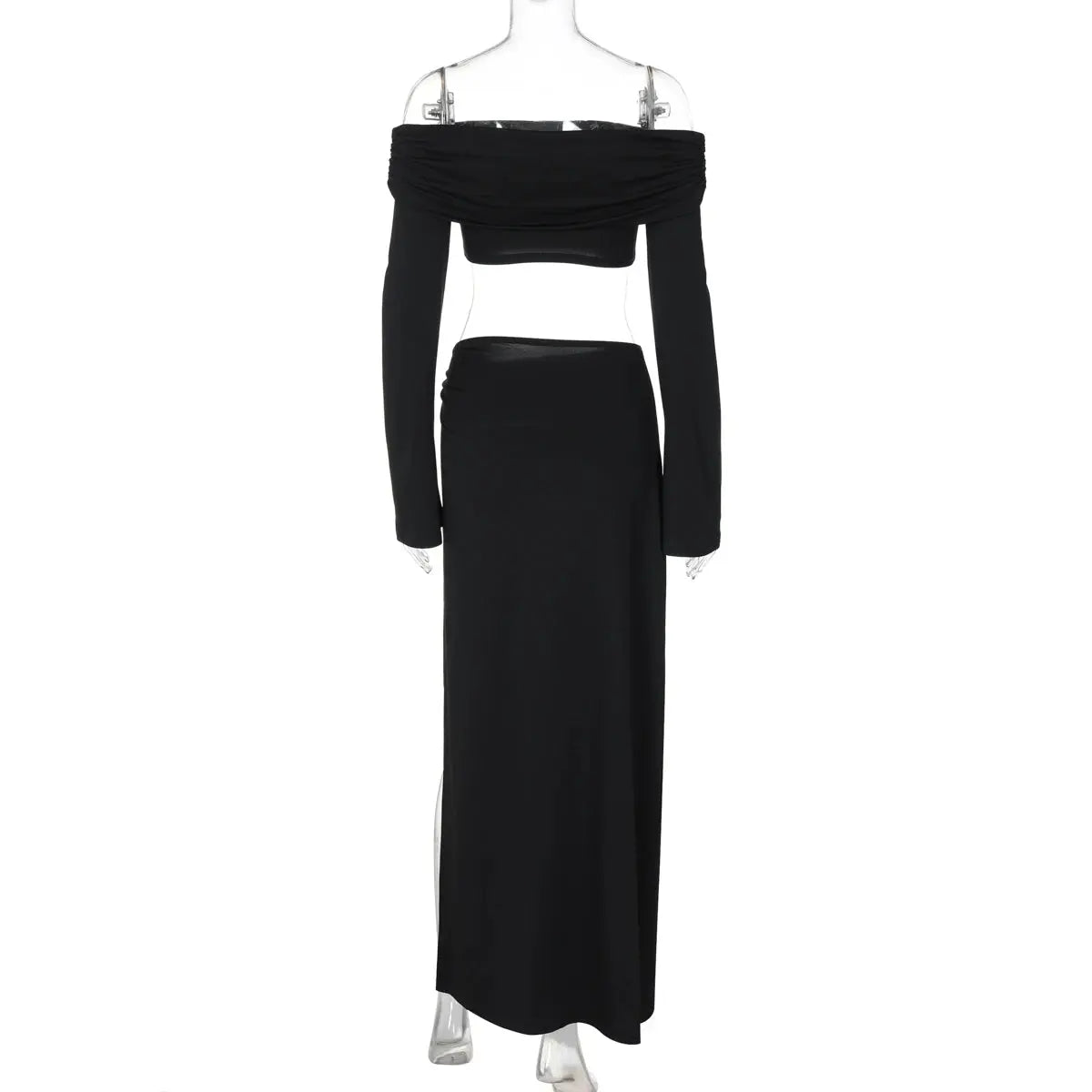 Dulzura Sexy 2-Piece Skirt Set – Off-Shoulder Ruched Crop Top & Slit Maxi Skirt NNOS