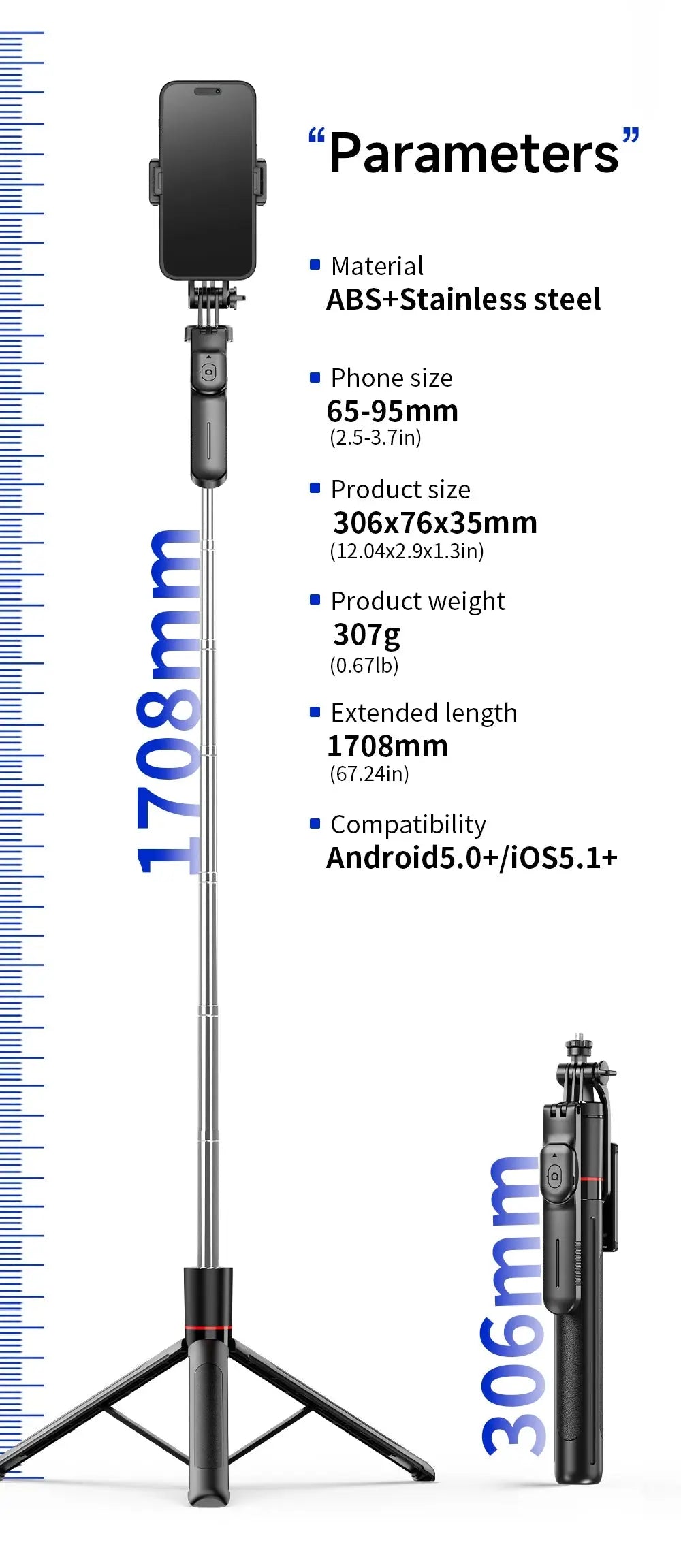 BSLIUFANG 2025 new 1.7M 360° rotation selfie stick tripod foldable stand with Wireless Bluetooth remote control for phone camera NNOS