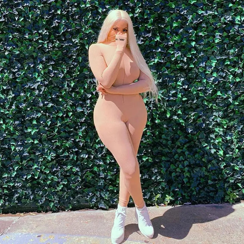 Women's Ribbed Rompers Long Sleeve Fitness Jumpsuit Embroidery Lucky Label Letter Zipper Streetwear Active Wear for Workout NNOS