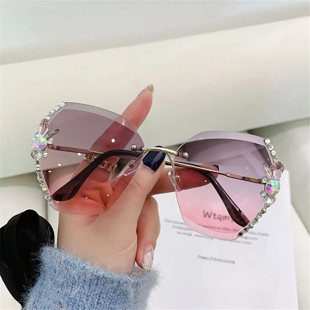 UV400 Rimless Rhinestone Sunglasses for Women – Shiny Diamond Cutting Lens Frameless Fashion Sunglasses NNOS