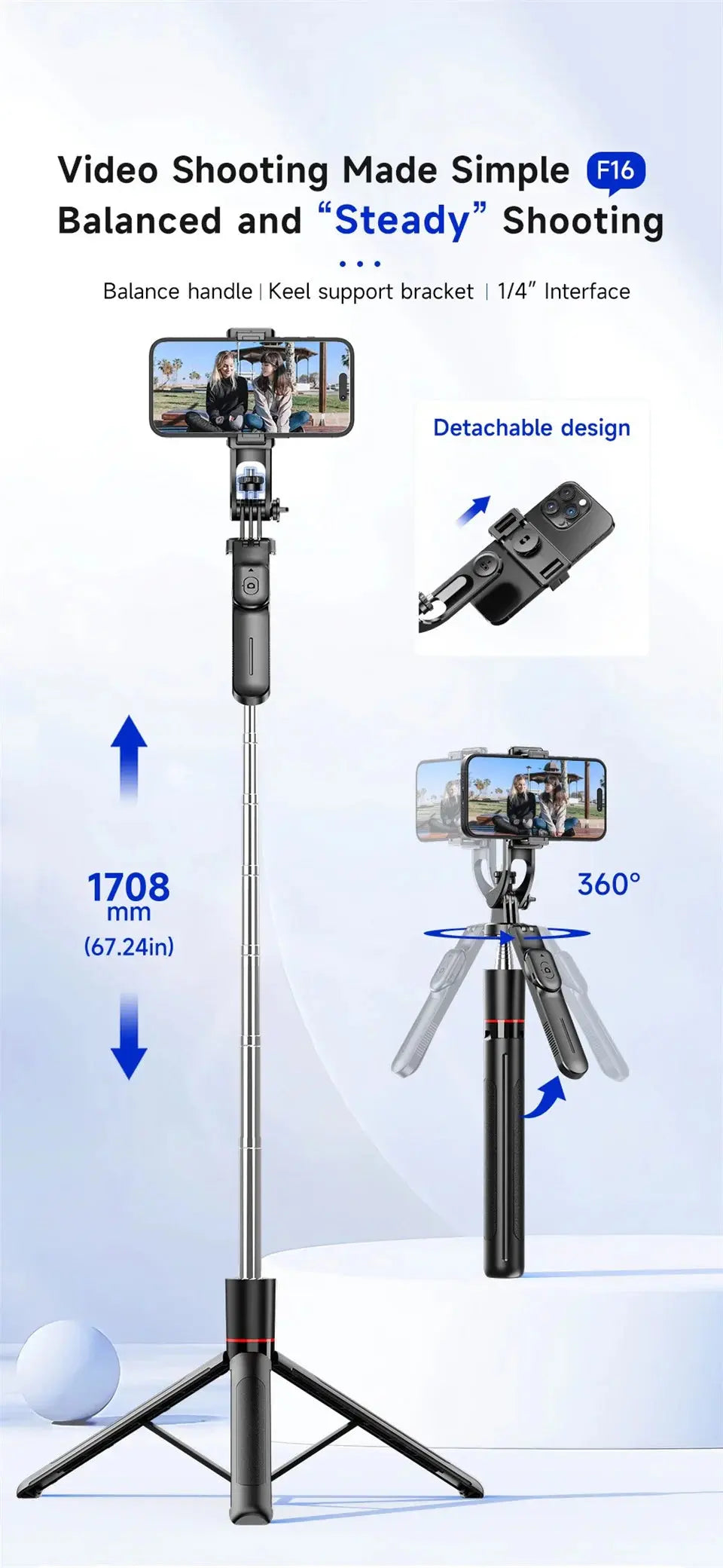 BSLIUFANG 2025 new 1.7M 360° rotation selfie stick tripod foldable stand with Wireless Bluetooth remote control for phone camera NNOS