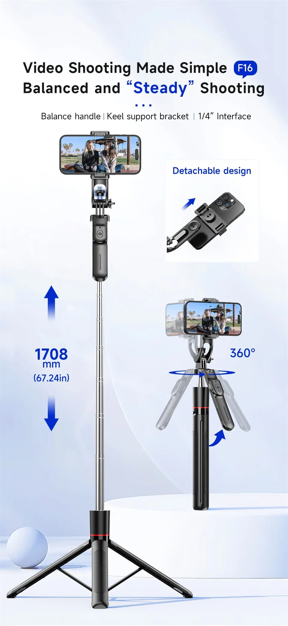 BSLIUFANG 2025 new 1.7M 360° rotation selfie stick tripod foldable stand with Wireless Bluetooth remote control for phone camera