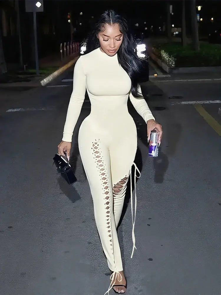 Sexy Fall Jumpsuits for Women DIY Shirring O-Neck Full Sleeve Stretch Polyester Slim Fit Ankle-Length Party Clubwear NNOS