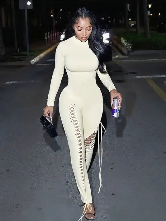 Sexy Fall Jumpsuits for Women DIY Shirring O-Neck Full Sleeve Stretch Polyester Slim Fit Ankle-Length Party Clubwear NNOS