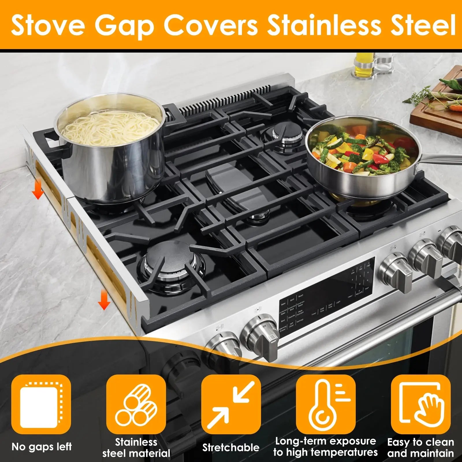 2Pcs Stainless Steel Stove Gap Guards Snug Fit Adjustable Length Stove Side Gap Protectors Heat Resistant Stove Gap Fillers NNOS