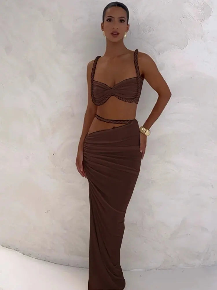 CuteNew Women’s 2-Piece Set – Pleated Crop Cami & Shirred High-Waist Maxi Skirt NNOS