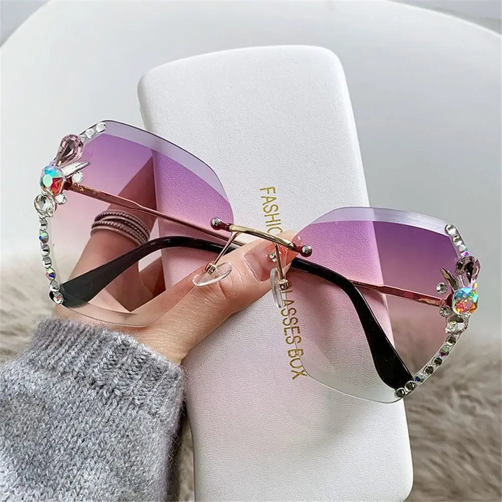 UV400 Rimless Rhinestone Sunglasses for Women – Shiny Diamond Cutting Lens Frameless Fashion Sunglasses NNOS