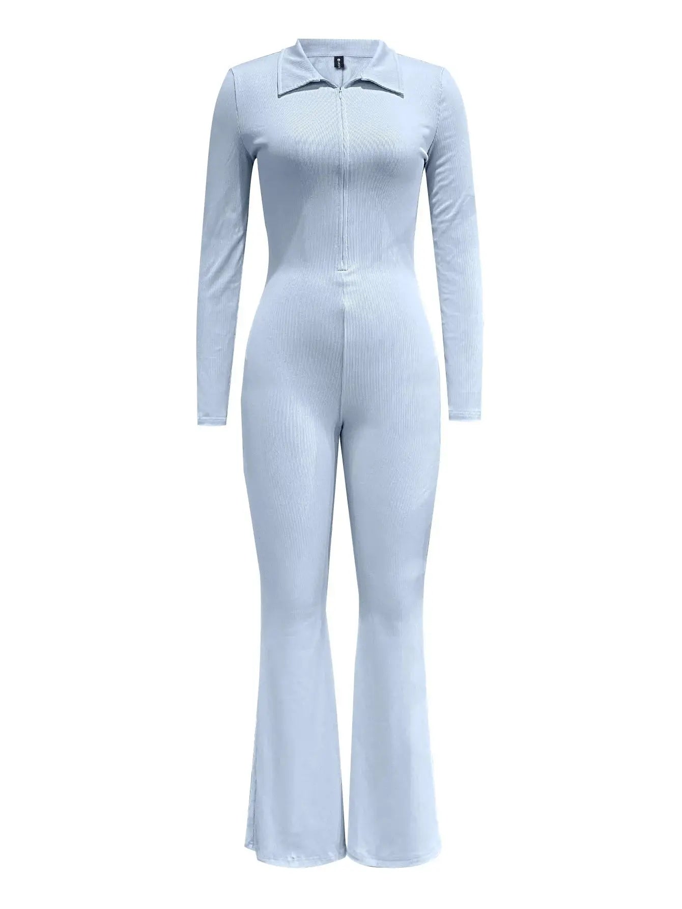 Elegant V-Neck Long Sleeve Skinny Flared Jumpsuit Zipper Design Women's Autumn Sporty Chic Ankle-Length Polyester Jumper NNOS