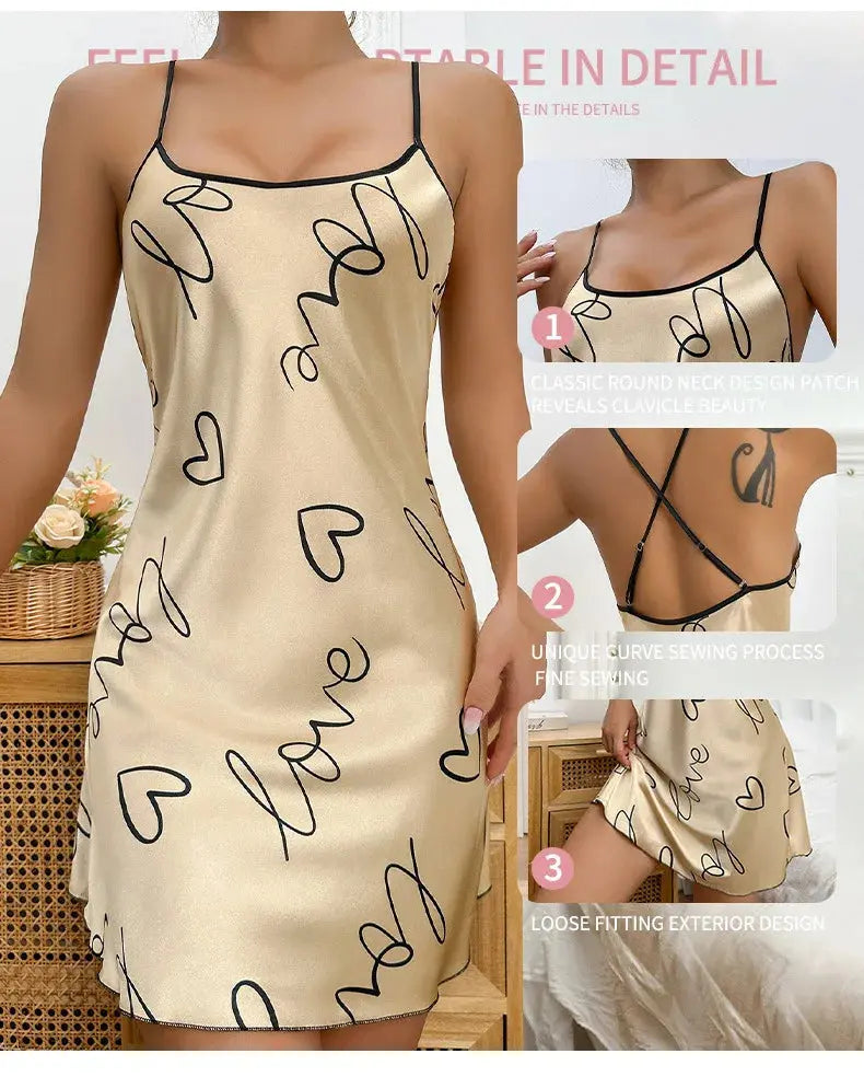 Heart Letter Print Nightdress Casual Round Neck Spaghetti Strap Sleep Dress Women's Sleepwear Dresses NNOS
