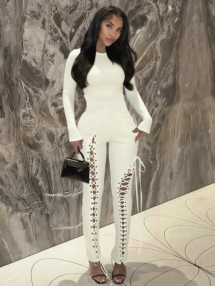 Sexy Fall Jumpsuits for Women DIY Shirring O-Neck Full Sleeve Stretch Polyester Slim Fit Ankle-Length Party Clubwear NNOS