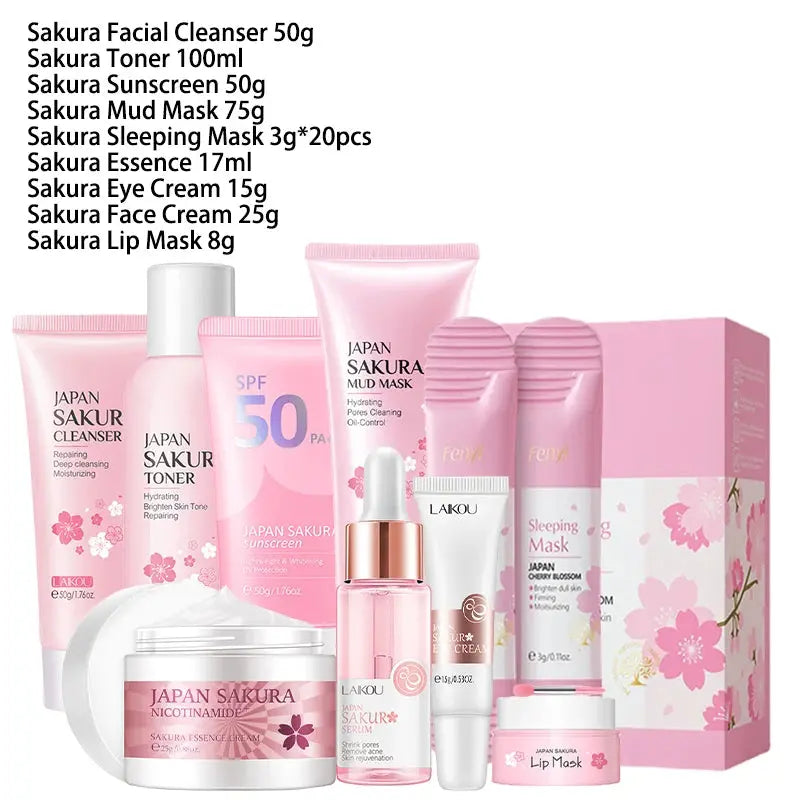 6Pcs and 9Pcs Sakura Skin Care Set – Face Cream, Serum, Toner & Cleanser Gift Box NNOS