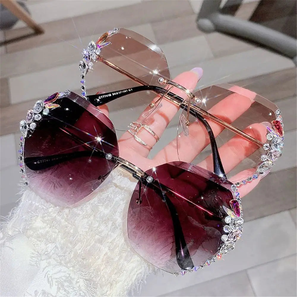 UV400 Rimless Rhinestone Sunglasses for Women – Shiny Diamond Cutting Lens Frameless Fashion Sunglasses NNOS