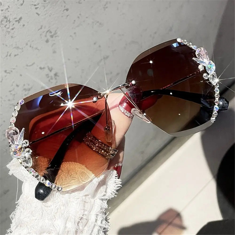 UV400 Rimless Rhinestone Sunglasses for Women – Shiny Diamond Cutting Lens Frameless Fashion Sunglasses NNOS