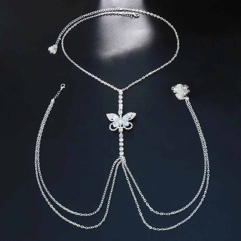 Stonefans Zircon Butterfly Chest Chain Rave Jewelry Festival Crystal Outfit Beach Summer Sexy Bra Chain Necklace Women Clothing NNOS
