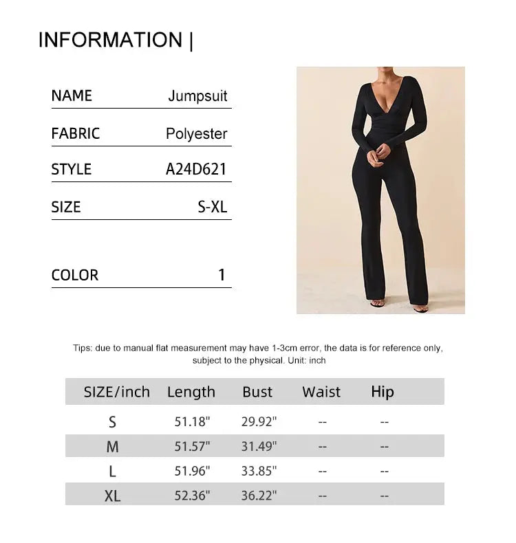 Black Pleated Big Flare Jumpsuit V Neck Long Sleeve Slim Fit Backless Pants for Women Sexy Casual Full-Length Polyester Trousers NNOS