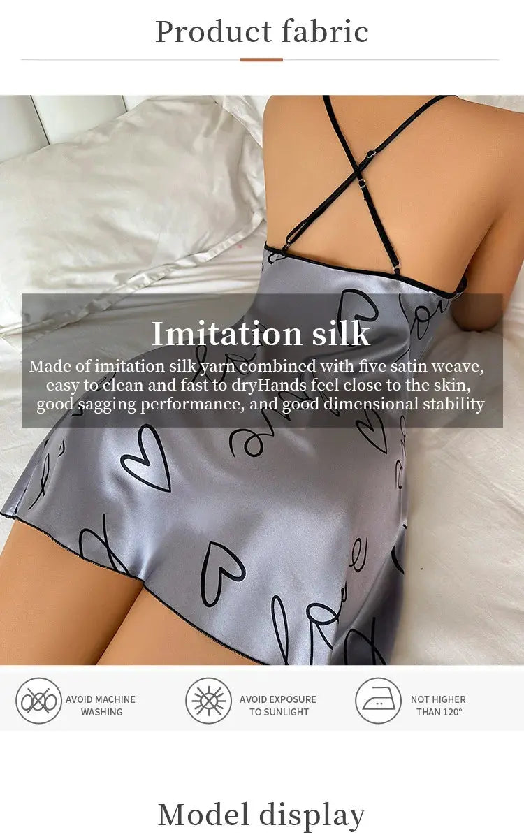 Heart Letter Print Nightdress Casual Round Neck Spaghetti Strap Sleep Dress Women's Sleepwear Dresses NNOS