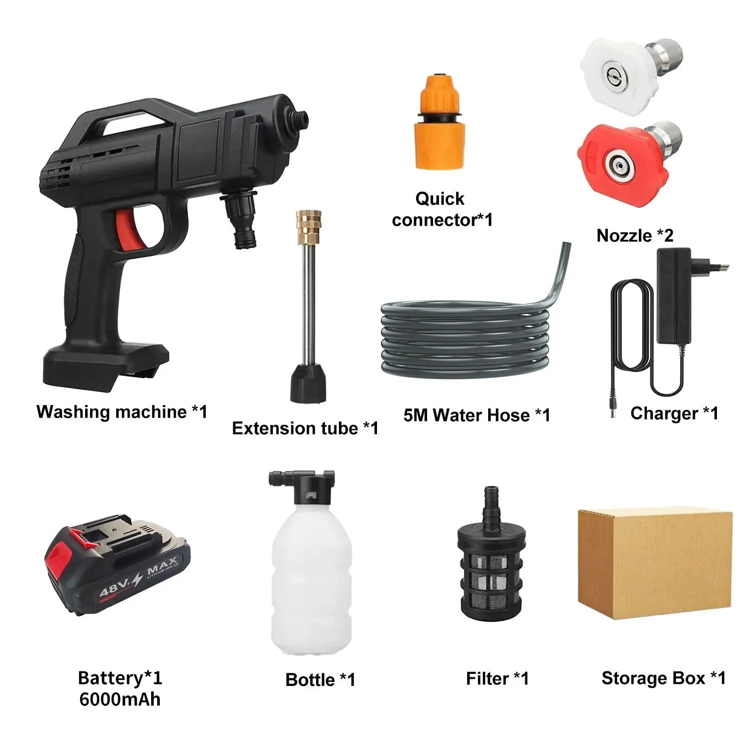 1500W Cordless High-Pressure Water Gun for Car Wash 40-50 Bar Foam Maker Auto Home Garden Cleaning Machine with 5M Hose NNOS