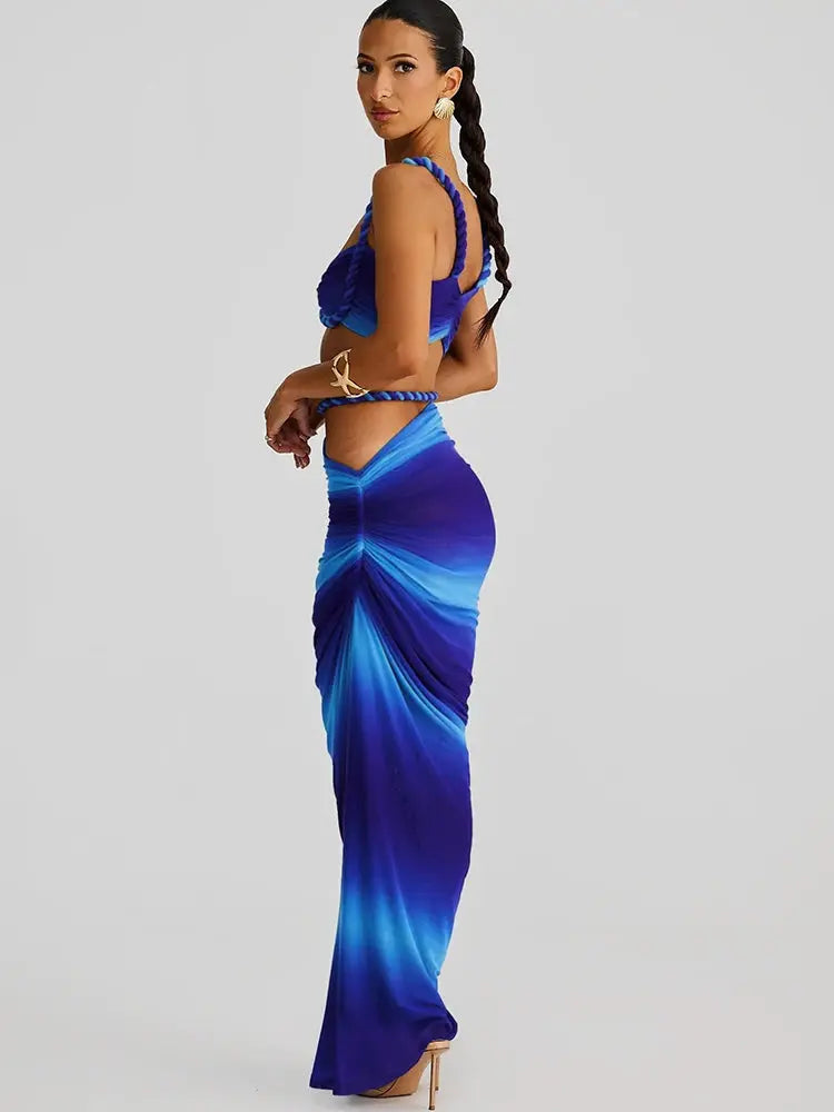 CuteNew Women’s 2-Piece Set – Pleated Crop Cami & Shirred High-Waist Maxi Skirt NNOS