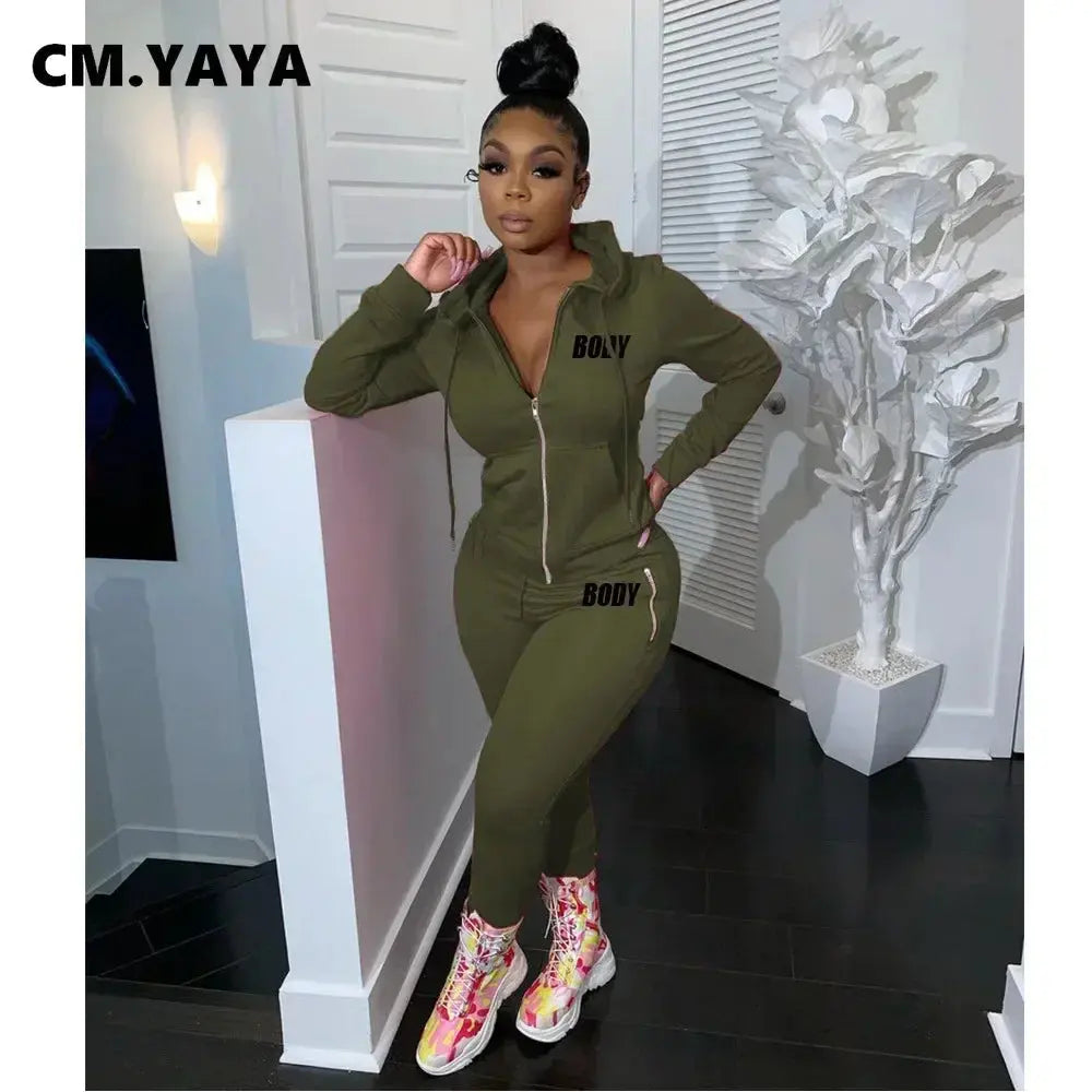 Women's Spring Winter 2 Piece Set Zipper Fly Hoodie And Pants Outfit High Stretch Polyester Spandex Body Letter Tracksuit Sweatsuit NNOS