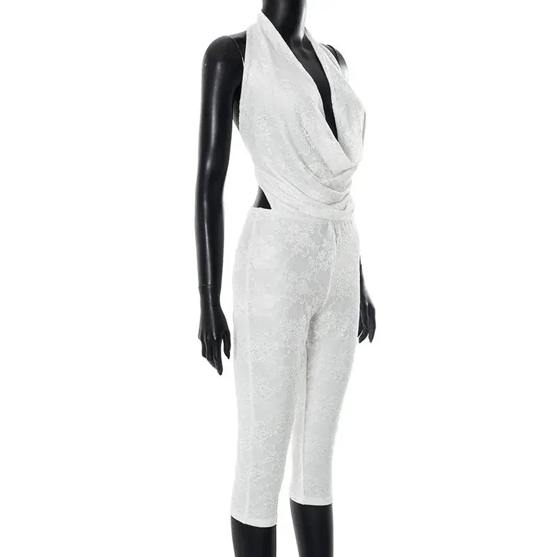 Joskaa 2025 Summer Lace Swing Collar Capri Pants Jumpsuits Women Sexy Halter Backless Bandage Skinny Rompers Midnight Clubwear NNOS