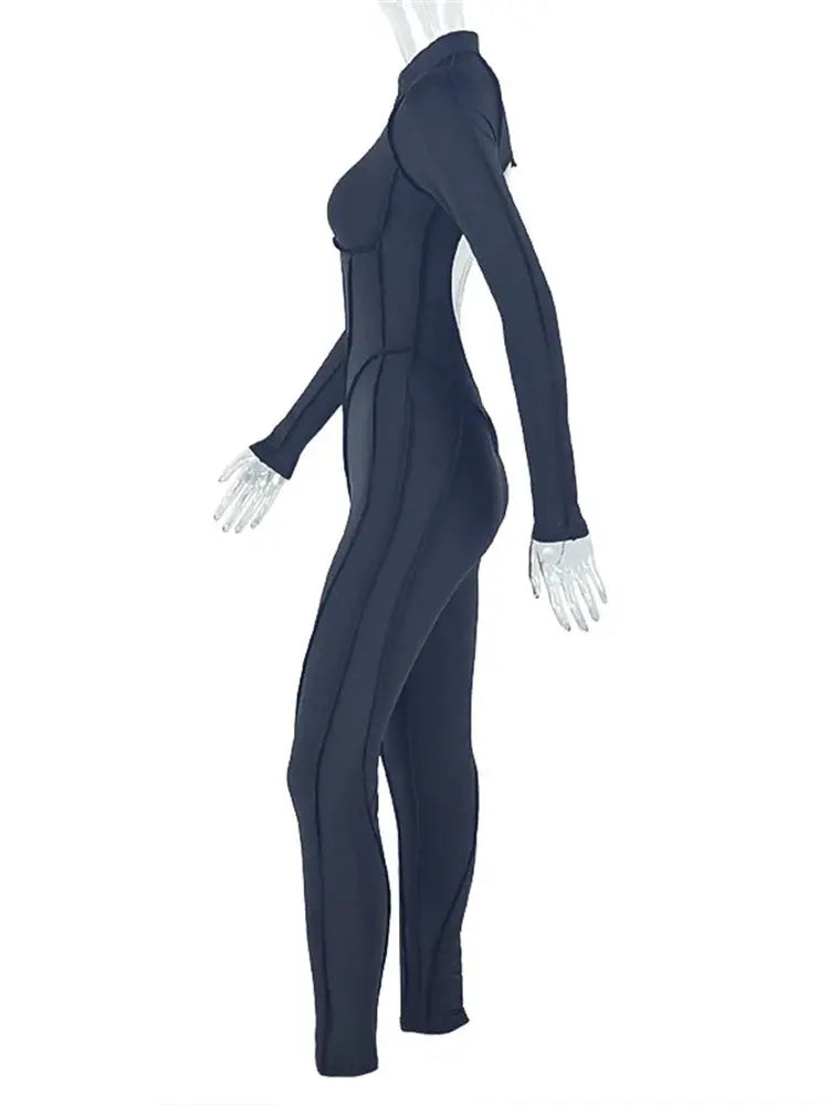 Women's Casual Sporty Zip Low-Neck Backless Jumpsuit Full Sleeve Skinny Peach High Street Style Solid Overalls Middle Age Size NNOS