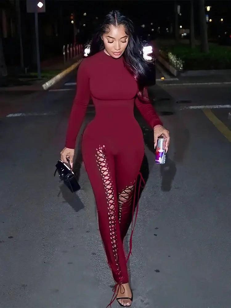Sexy Fall Jumpsuits for Women DIY Shirring O-Neck Full Sleeve Stretch Polyester Slim Fit Ankle-Length Party Clubwear NNOS