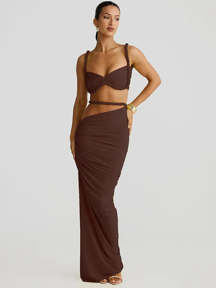 CuteNew Women’s 2-Piece Set – Pleated Crop Cami & Shirred High-Waist Maxi Skirt NNOS