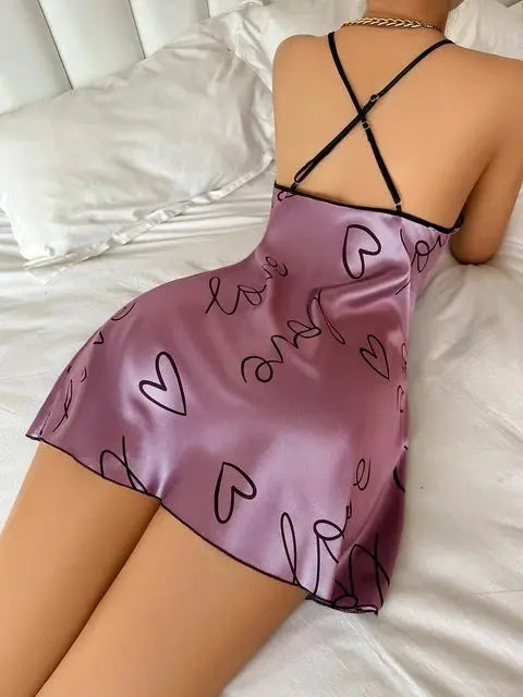 Heart Letter Print Nightdress Casual Round Neck Spaghetti Strap Sleep Dress Women's Sleepwear Dresses NNOS