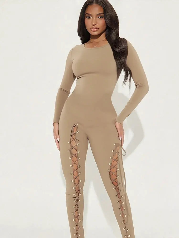 Sexy Fall Jumpsuits for Women DIY Shirring O-Neck Full Sleeve Stretch Polyester Slim Fit Ankle-Length Party Clubwear NNOS