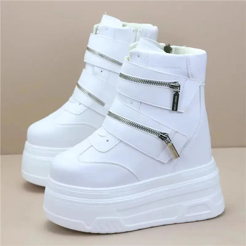 15cm Spring Autumn Women High Top Sneakers Breathable Thick Sole Chunky Sneakers Ankle Boots Platform Booties Wedge Boots White NNOS