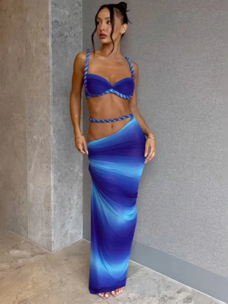 CuteNew Women’s 2-Piece Set – Pleated Crop Cami & Shirred High-Waist Maxi Skirt NNOS