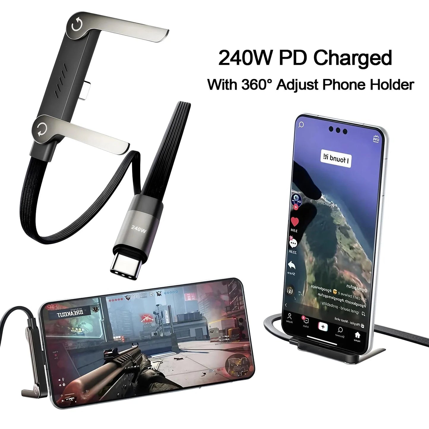 2-IN-1 Type-C Cable Foldable Mobile Phone Holder 240W Fast Charging Data Cable Multifunction Phone Charge Bracket Dual PD cable NNOS