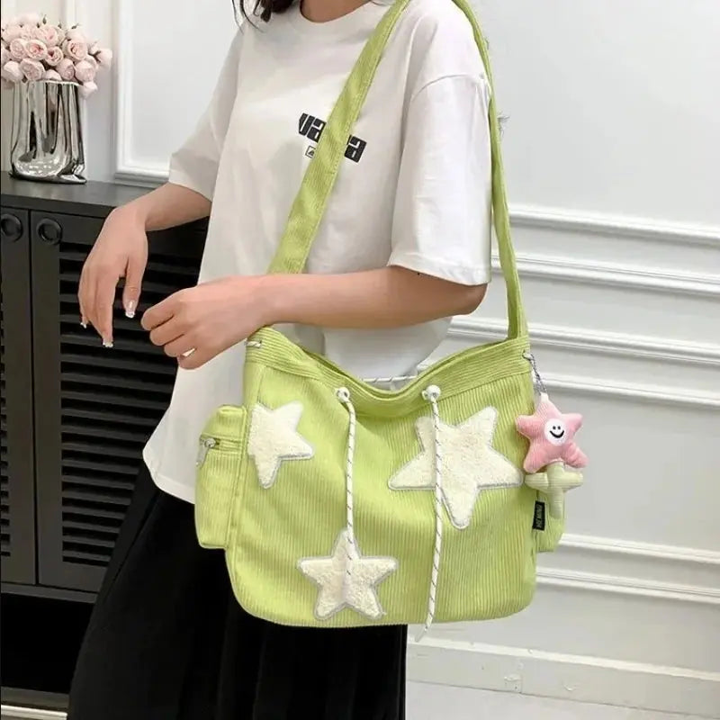 Trendy Corduroy Tote Bag for Women – Niche Star Design, Large-Capacity Shoulder & Crossbody Bag for Students & Stylish Commuters NNOS