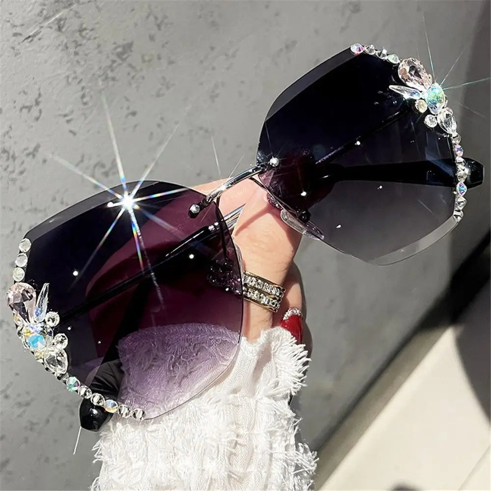 UV400 Rimless Rhinestone Sunglasses for Women – Shiny Diamond Cutting Lens Frameless Fashion Sunglasses NNOS