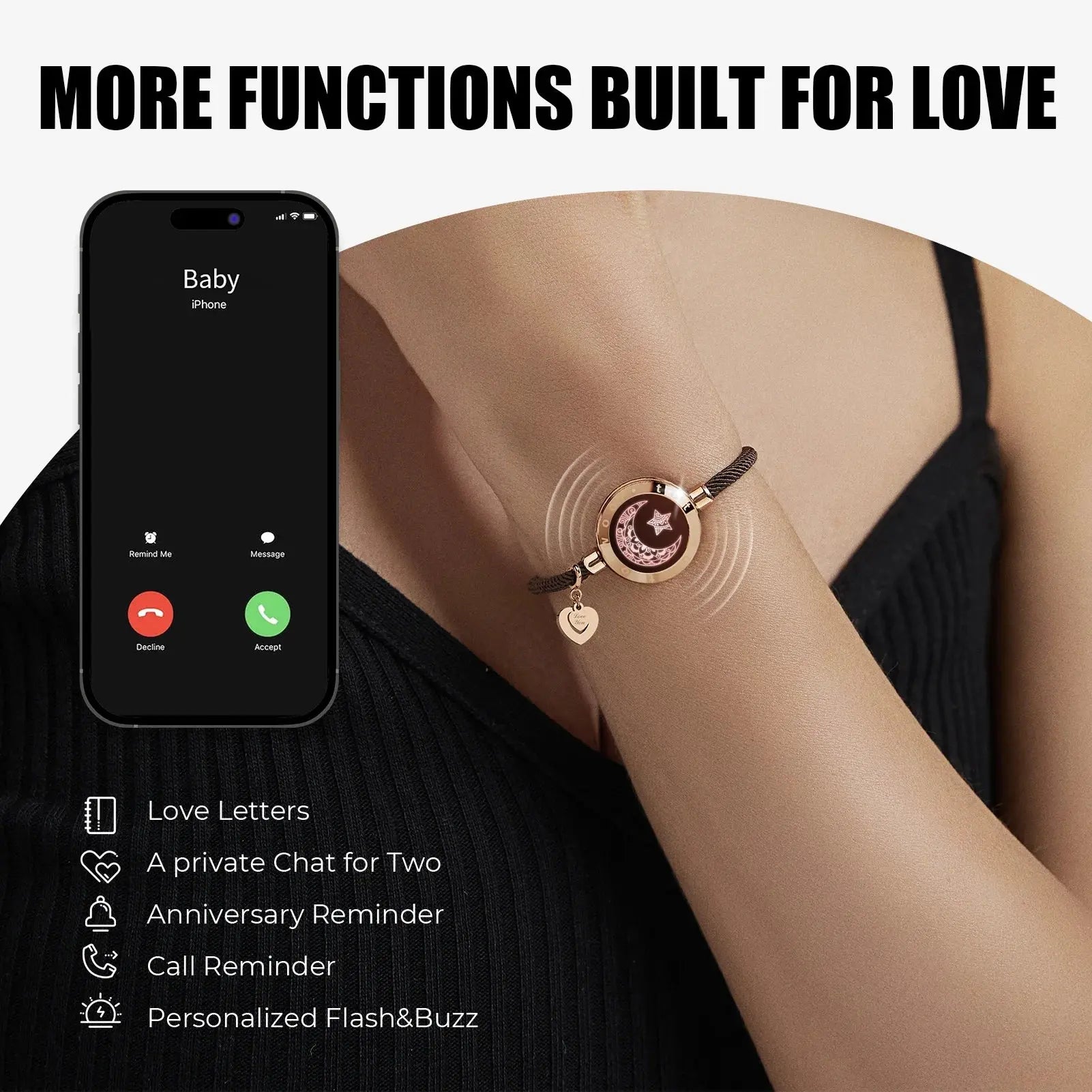 Totwoo Long Distance touch Light up&Vibrate Bracelets for Couples, Long Distance Relationship Gifts Smart Sun&Moon Love Bracelet NNOS