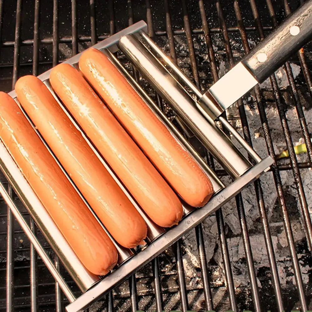 Hot Dog Roller Sausage Roller Rack Stainless Steel Hot Dog Grill Roller with Wooden Handle BBQ Hotdog Roller Grill Accessories NNOS