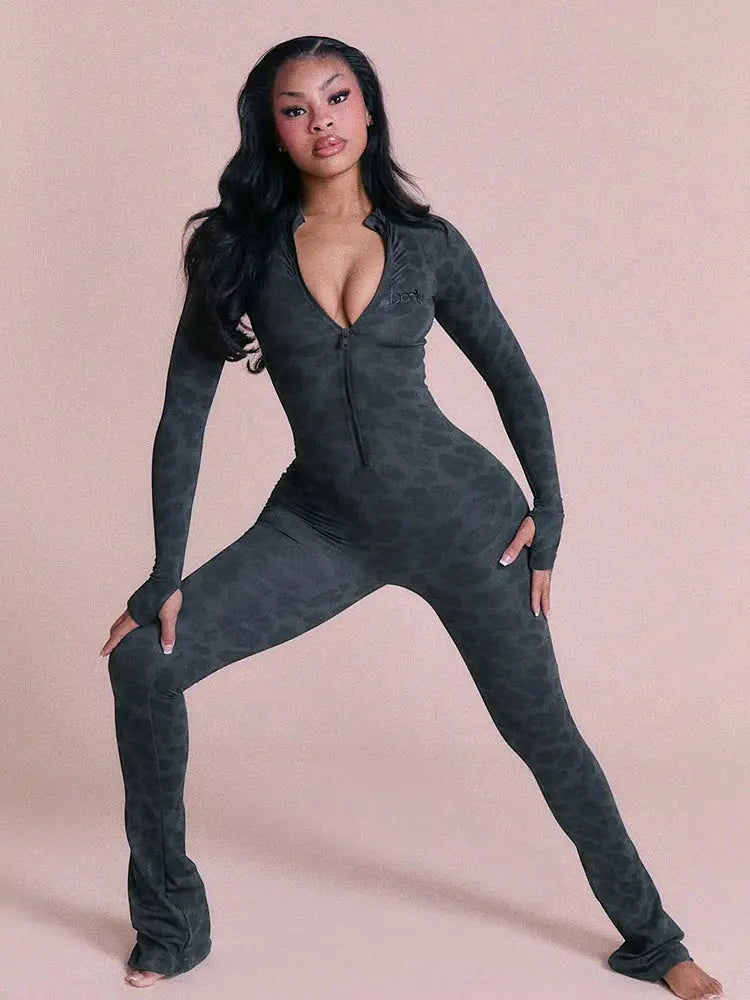 Women's Sexy Fashion Leopard Print Jumpsuit with Zip Cardigan Design Full Sleeve Slim Fit High Waist Ankle-Length Overalls NNOS