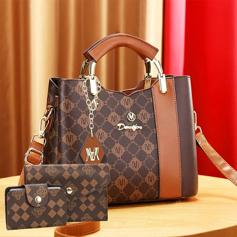 Three-Piece Set Women's Trendy Shoulder Bag, Vintage Print Crossbody Handbag NNOS