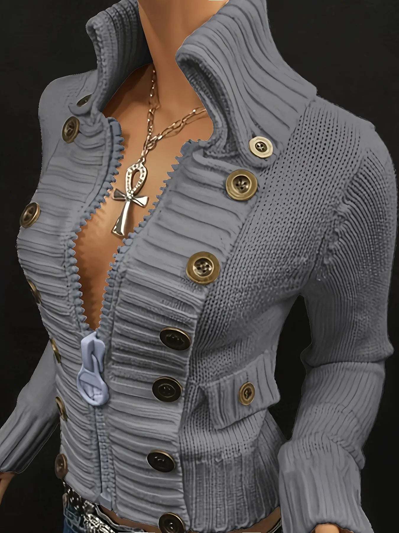 Multi-button decorated large zipper stand-up collar slim-fit cardigan NNOS