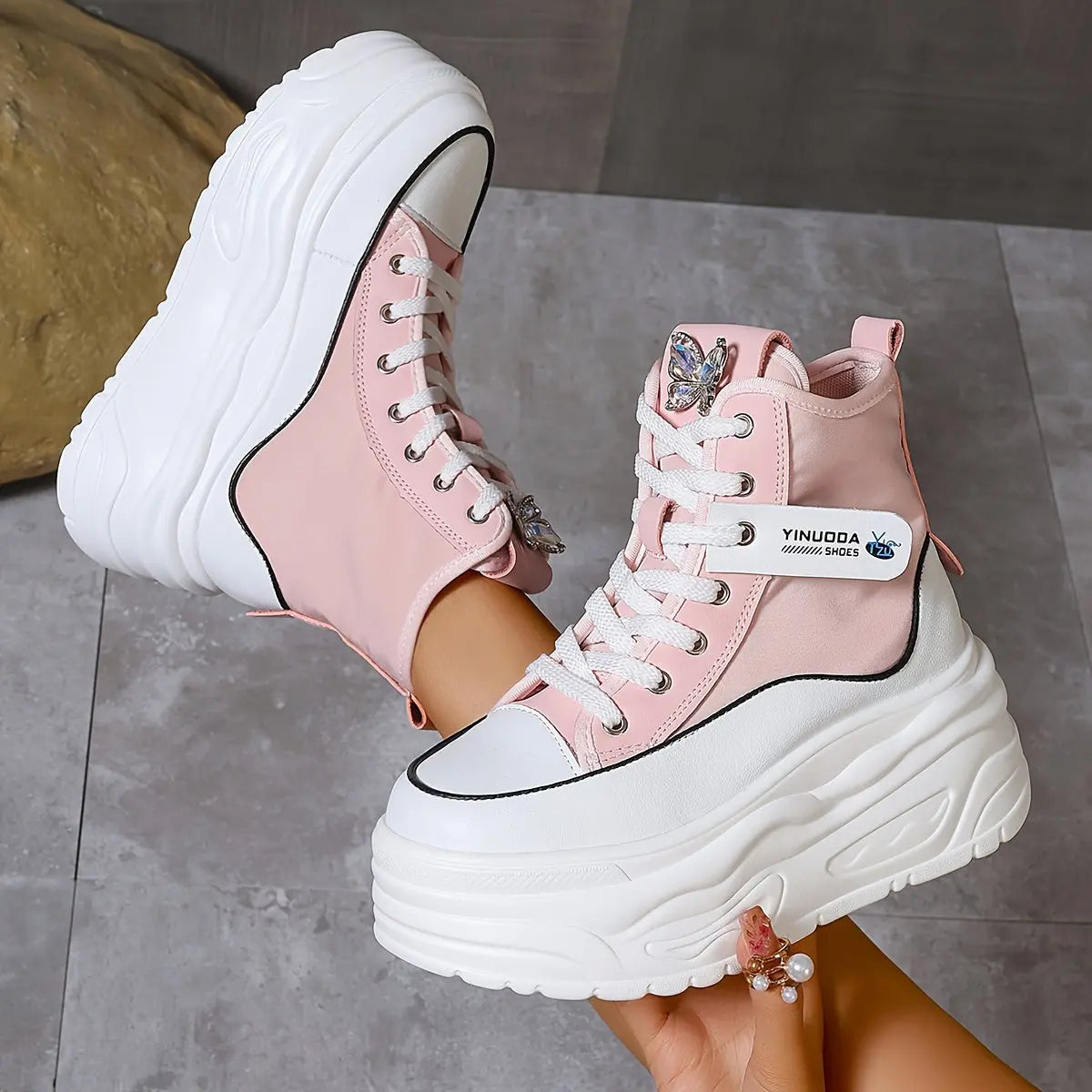 Women’s Rhinestone Butterfly Sneakers – High-Top Lace-Up Platform Preppy Shoes NNOS