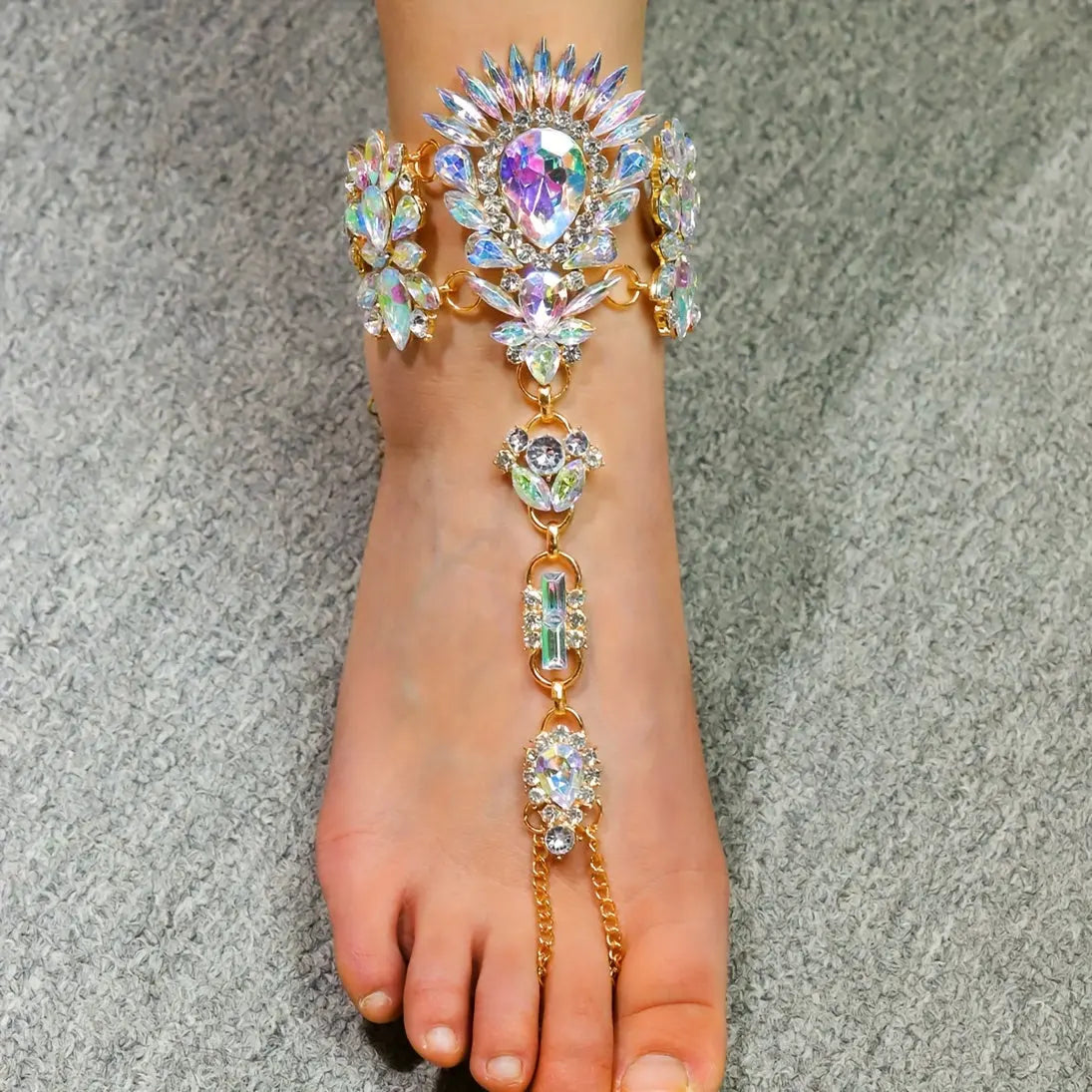 Boho Chic Colorful Crystal Toe Ring Anklet – Trendy Beach & Seaside Jewelry NNOS