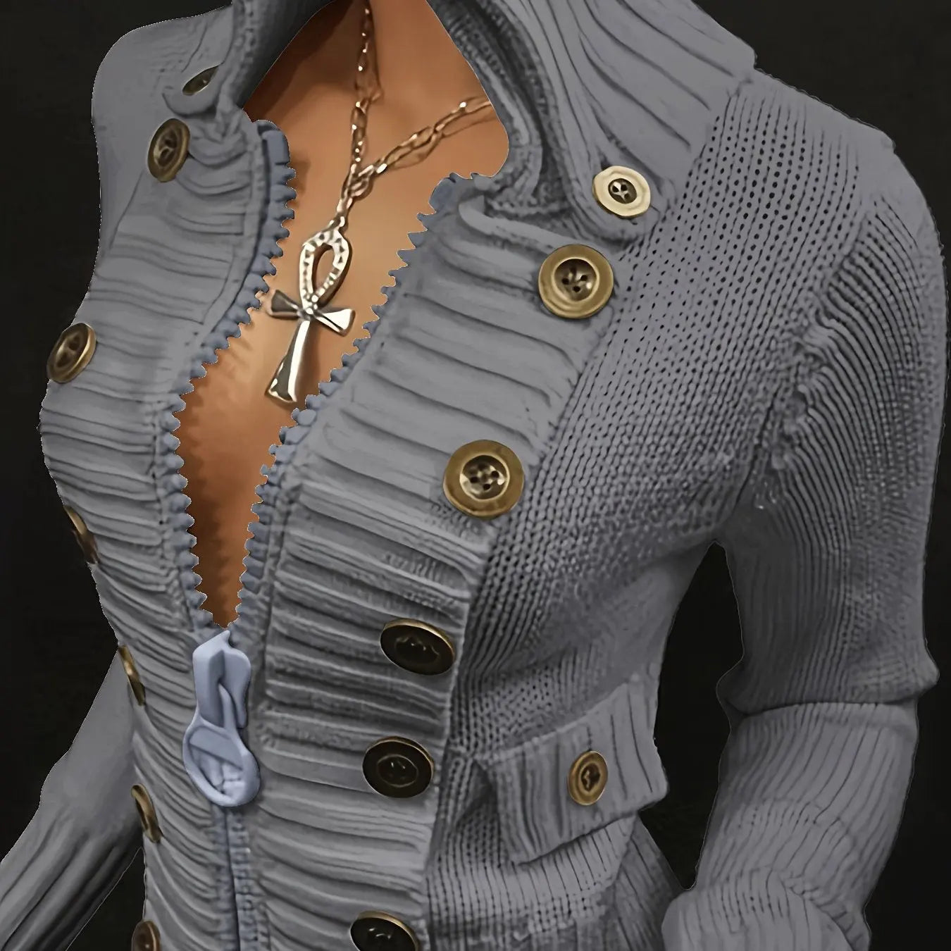 Multi-button decorated large zipper stand-up collar slim-fit cardigan NNOS