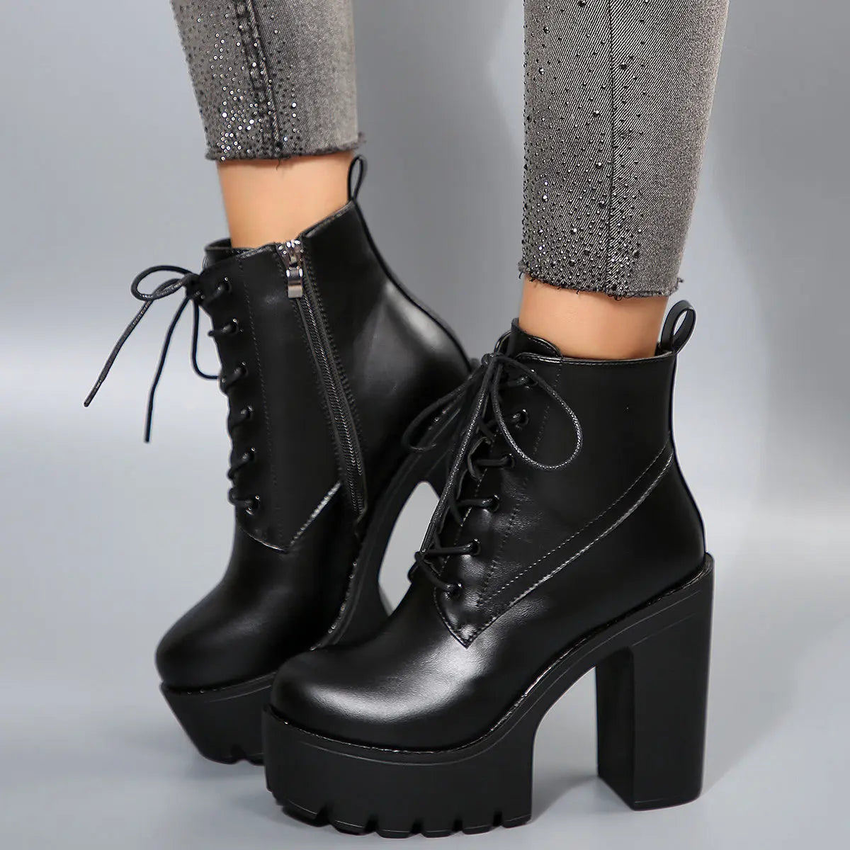 8 Sizes Available Women's High Heel Ankle Boots with Thick Sole and Back Zipper, Fashionable Outdoor Booties for Ladies NNOS