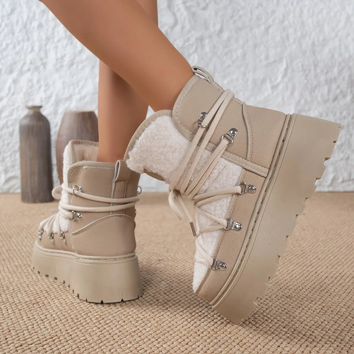 Women’s Cozy Fleece-Lined Winter Boots – Warm Lace-Up Snow Shoes with Buckles NNOS