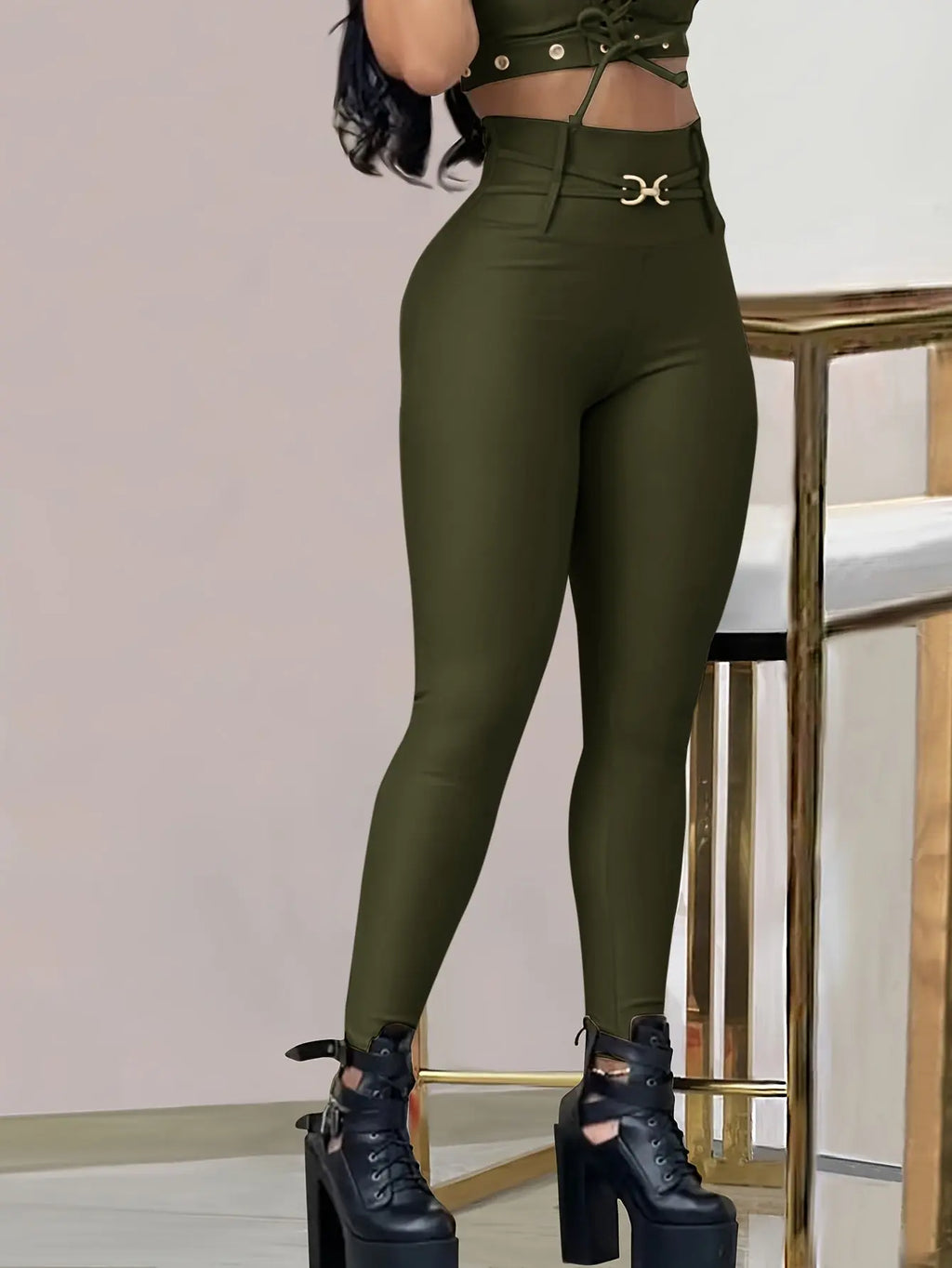 Women’s High-Waist Black Skinny Leggings – Stretchy Fit with Button Detail NNOS